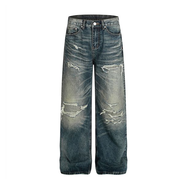 Punk Distressed Washed Jeans With Creases Vintage Wide-Leg Loose Straight Long Pants For Men Gradient Color Niche_viptrois.com