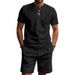 Men's Waffle round Neck Summer Suit Loose Fit Simple Short Sleeve Top with Shorts Casual Ins Style Clothing Set_viptrois.com