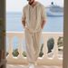 Men's Casual Linen Suit American Style Autumn Loose Fit Hooded Henley Shirt Long Sleeved Trousers Set_viptrois.com