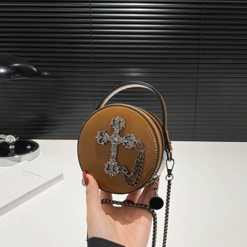 Mini Gothic Crossbody Bag For Women - PU Leather Small Circle Bag With Chain Strap, Halloween & Everyday Stylish Accessory_viptrois.com