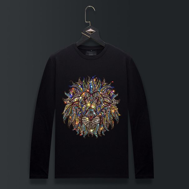 Men's Clothing Brand Heavy Hot Diamond Lion Head Round Neck Large Size Men's Clothing Bottoming Shirt Men_viptrois.com
