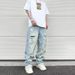 Men's Clothing High Street Hip Hop Vibe Washed Blue Ripped Cat Whisker Street Summer Straight Pants Loose Men's Paris Jeans_viptrois.com