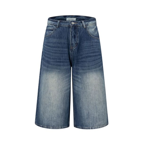 Men's Clothing Washed Retro Blue High Grade Cat Whisker Design Men's Loose Denim Cropped Trousers_viptrois.com