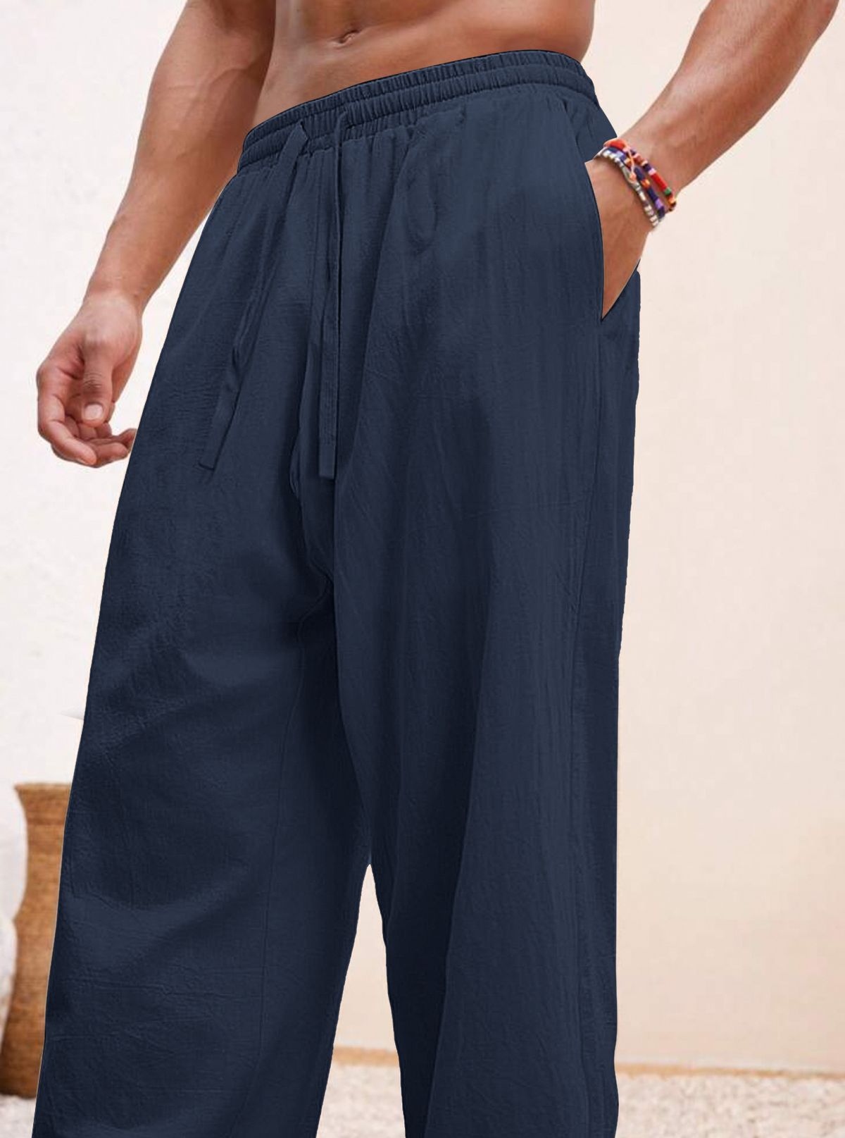 Men's Clothing European And American Men's Linen Straight Loose Pants Solid Color Casual Lace Wide Leg Beach Pants_viptrois.com
