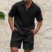 Men's Clothing Sports Suit Men's Summer Solid Color Casual Trend Breathable Small Plaid Lapel Shirt T Shirt Shorts Suit_viptrois.com