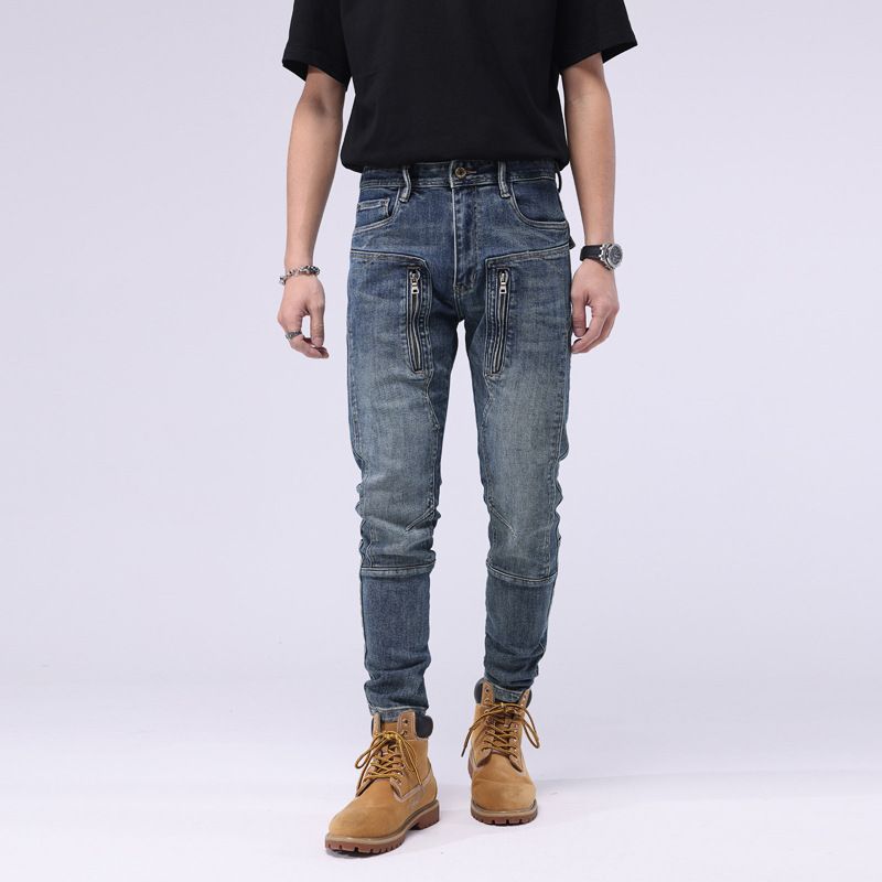 Khaki motorcycle stretch jeans men's new casual men's trousers_viptrois.com