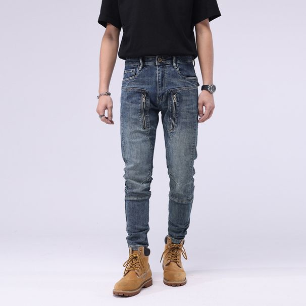 Khaki motorcycle stretch jeans men's new casual men's trousers_viptrois.com