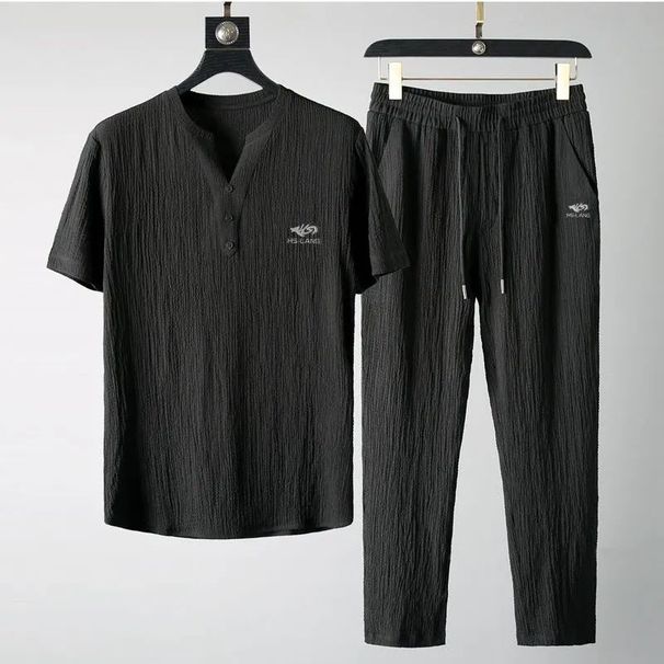 Men's Clothing Casual Suit Thin Sports Suit Ice Silk Cotton Linen Short Sleeved Trousers_viptrois.com