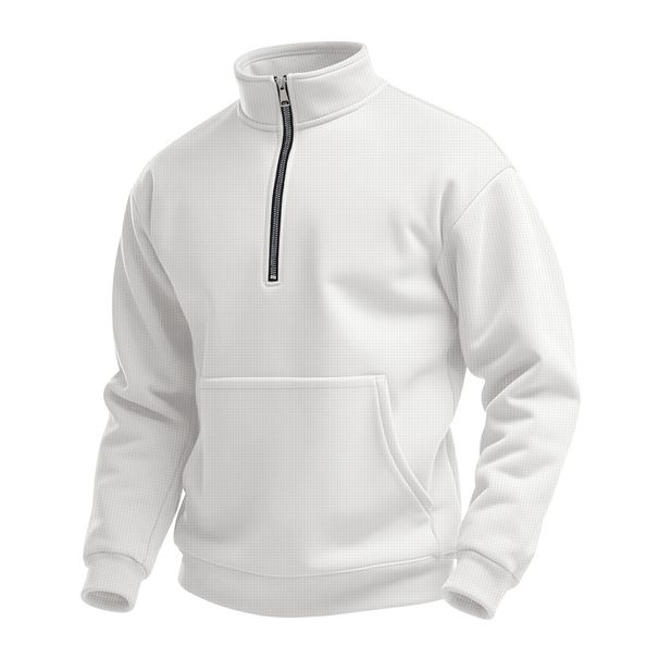 Men's Waffle-Knit Pullover Sweatshirt – Stand Collar Half-Zip Pocket Long Sleeve Casual Hoodie (5 Colors: Black/Navy/Khaki/White/Light Gray)_viptrois.com
