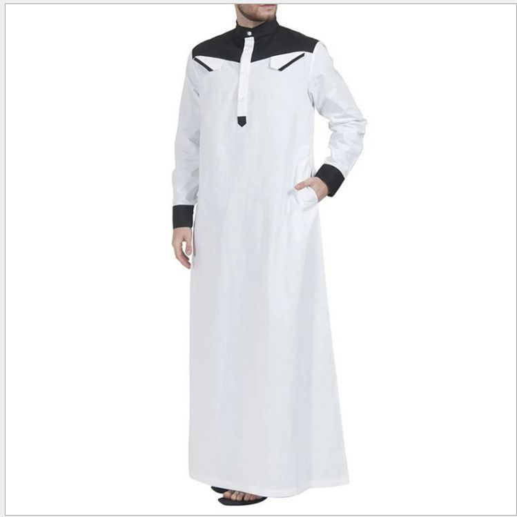 Men's Clothing Men's Loose Stitching Color Matching Stand Up Collar Long Sleeved Robe_viptrois.com
