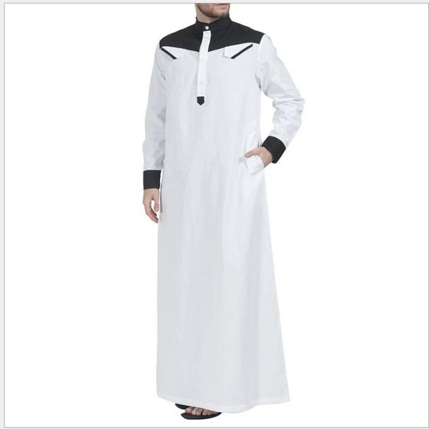 Men's Clothing Men's Loose Stitching Color Matching Stand Up Collar Long Sleeved Robe_viptrois.com