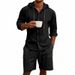Men's Summer Linen Shirt And Shorts Set Casual Breathable Long Sleeved Solid Color Hooded Takeout American Style Vacation Wear_viptrois.com