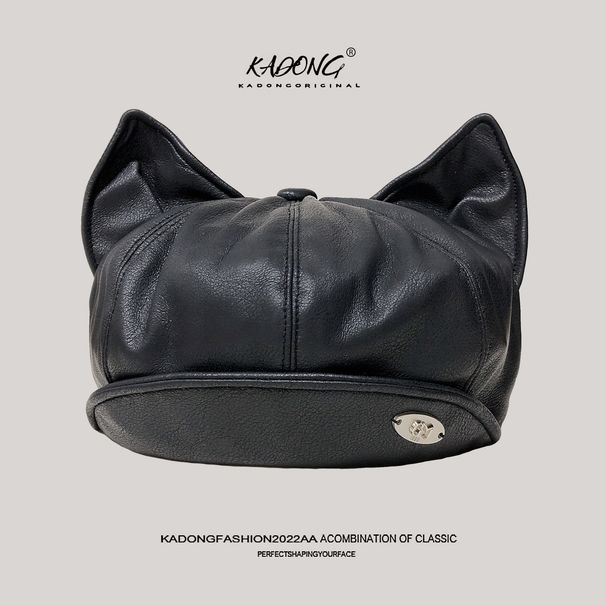 Autumn Winter Design New Leather Cat Ear Sweet Cute Warm Versatile Photo Shoot Beret Hat_viptrois.com
