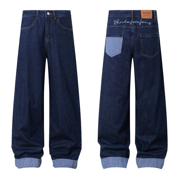 Rolled Hem Plaid Color-Block Jeans With Unique Pocket Design, Loose Wide-Leg Straight Pants For Men, High Street Fashion_viptrois.com