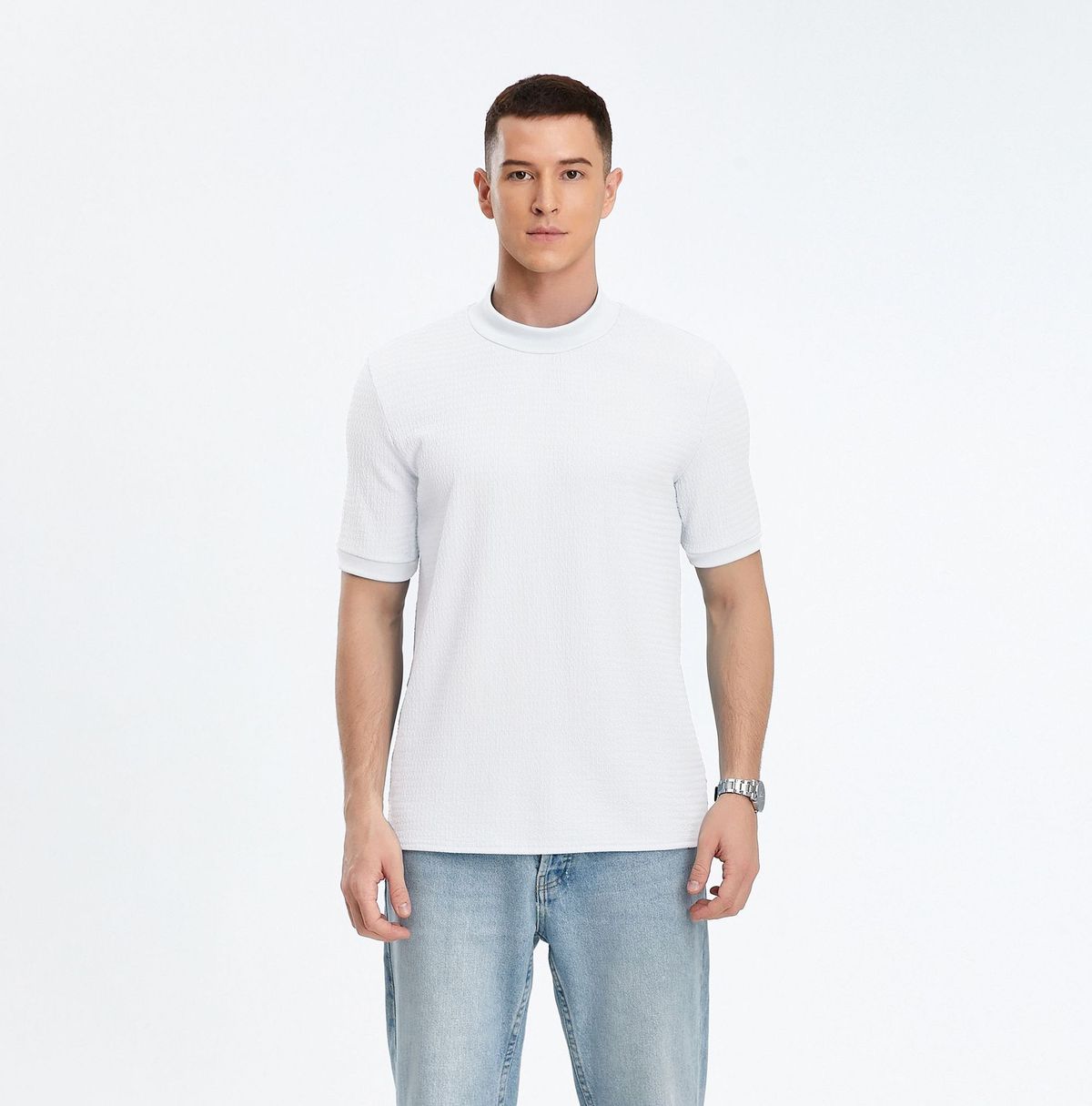 2024 Summer Casual Simple Texture Knitted T-shirt For Men, High Neck, Water Ripple Solid Color Short Sleeve_viptrois.com