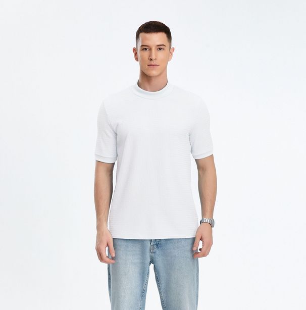2024 Summer Casual Simple Texture Knitted T-shirt For Men, High Neck, Water Ripple Solid Color Short Sleeve_viptrois.com