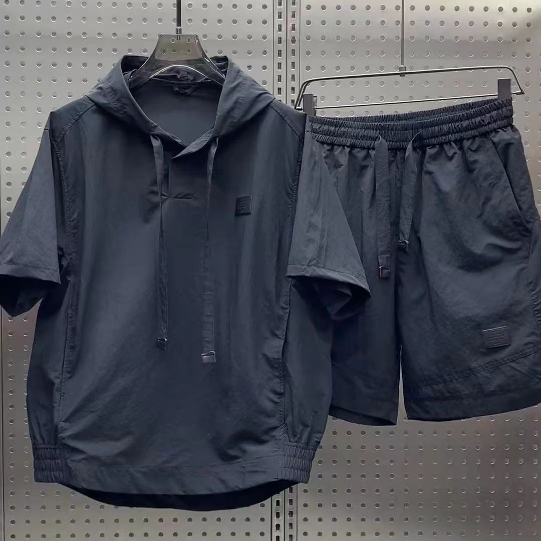 Men's Clothing Summer Thin Quick Drying Hooded Short Sleeved Shorts Loose Versatile Two Piece Outdoor Leisure Sports Suit_viptrois.com