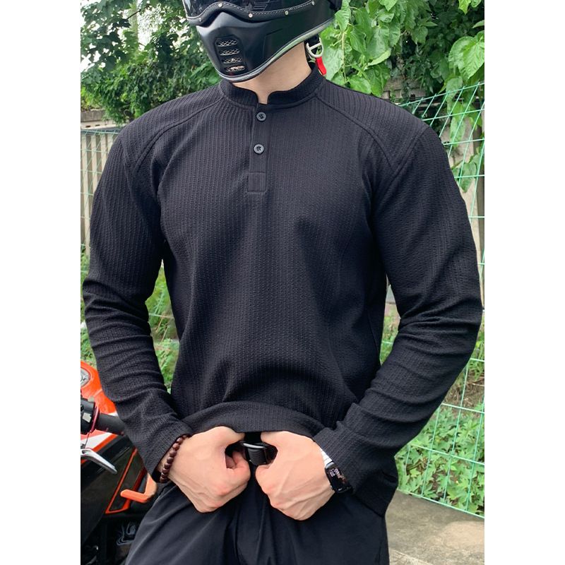"Men's Stand Collar Long Sleeve T-Shirt - Solid Color, Polyester Blend, Rugged Twist Stitch Design, All-Season Essential (Sizes M-5XL)"_viptrois.com