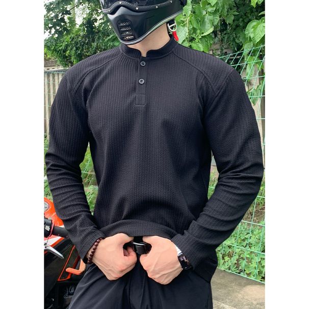 "Men's Stand Collar Long Sleeve T-Shirt - Solid Color, Polyester Blend, Rugged Twist Stitch Design, All-Season Essential (Sizes M-5XL)"_viptrois.com