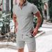Waffle Lapel Polo Shirt Suit New Short Sleeved Shorts Casual Suit Summer Solid Color Loose T Shirt_viptrois.com