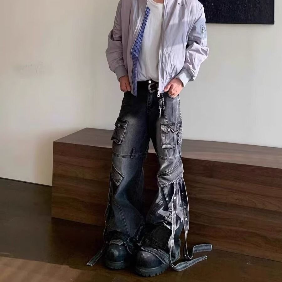 Utility Cargo Denim Pants For Men And Women | High Waisted Wide Leg Dragging Hem Relaxed Fit Jeans Versatile Unisex Appeal_viptrois.com