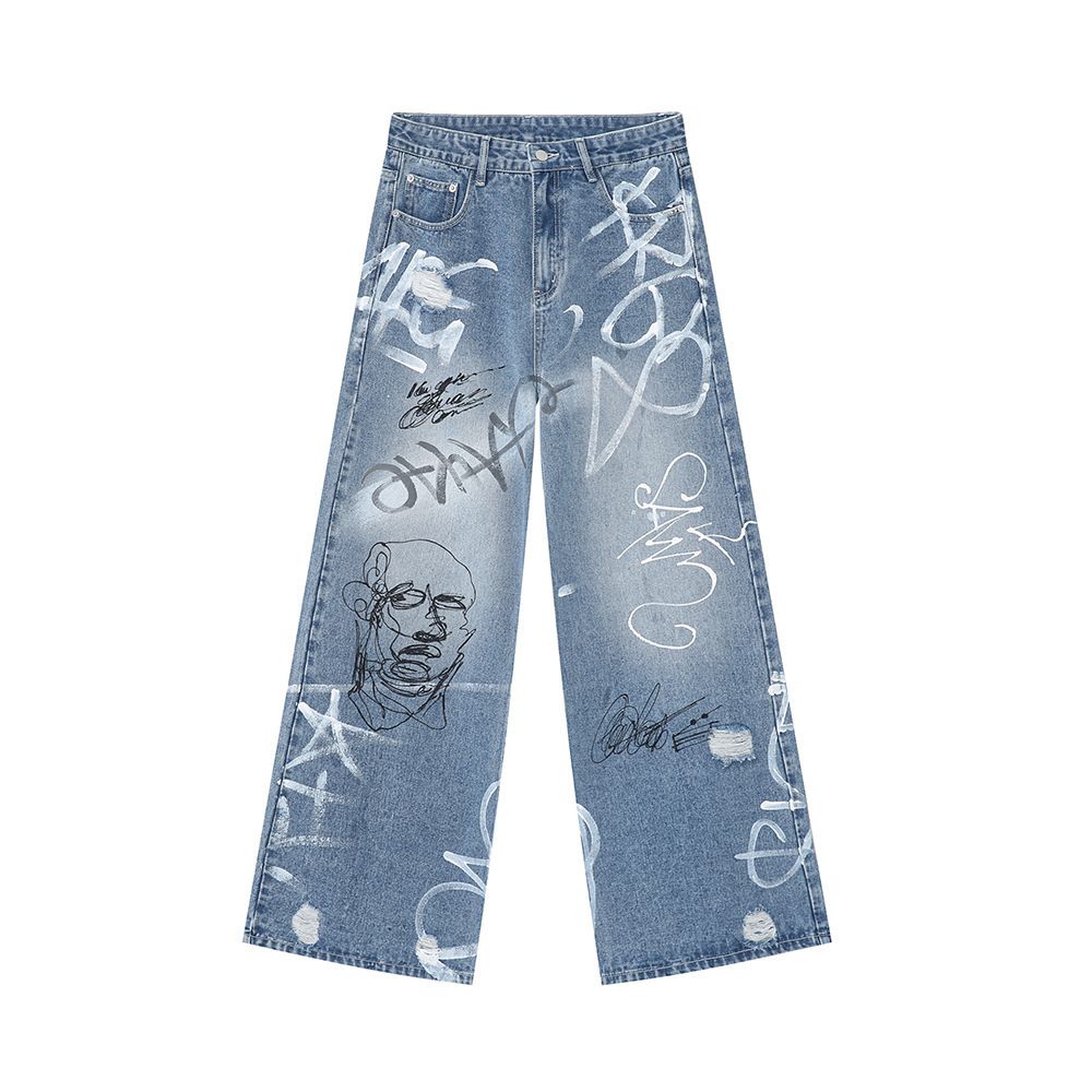 Men's Clothing 2025 New Arrivals American Trendy Street Graffiti Fun Straight Leg Floor Length Wide Leg Pants Jeans_viptrois.com
