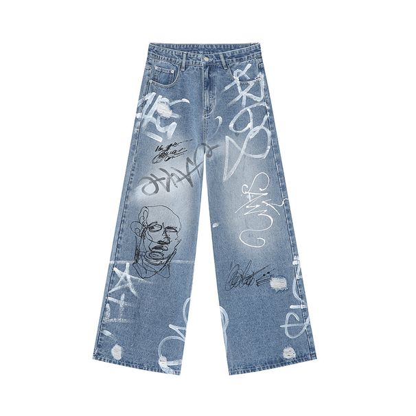 Men's Clothing 2025 New Arrivals American Trendy Street Graffiti Fun Straight Leg Floor Length Wide Leg Pants Jeans_viptrois.com