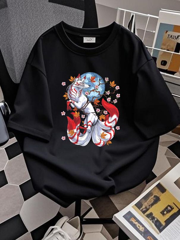 Kitsune Fox Japanese Nine Tailed Fox Cherry Blossom Flowers T-Shirt Size S-2XL Breathable Streetwear Casual Fashion Homme Stretched Unisex Soft_viptrois.com