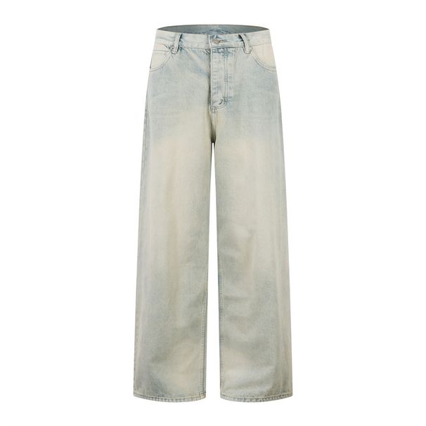 Yellow Mud-Dyed Denim Men's American Street Fashion Button Open Front Straight Loose Casual Pants Basic Dad Style_viptrois.com