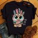 maycar Owl European Size T-Shirt Black Casual T Pattern Cotton Women's Short Sleeve Shirt Kawaii Cartoon_viptrois.com