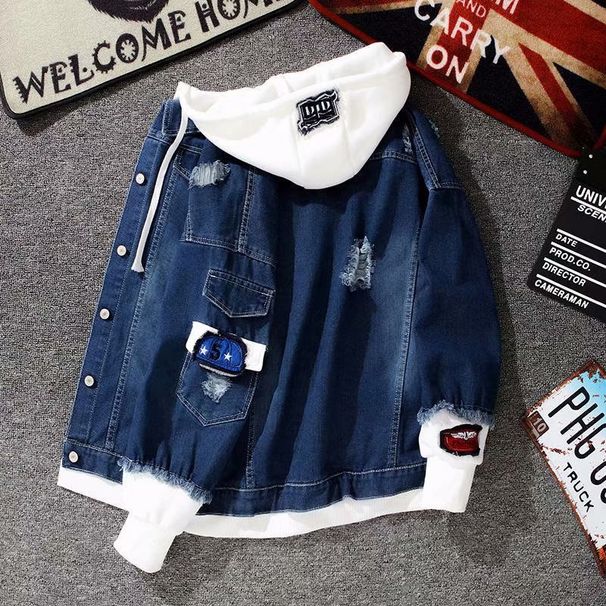Spring And Autumn Patchwork Two-Piece Denim Korean Style Trendy Versatile Loose Workwear Hooded Casual Jacket_viptrois.com
