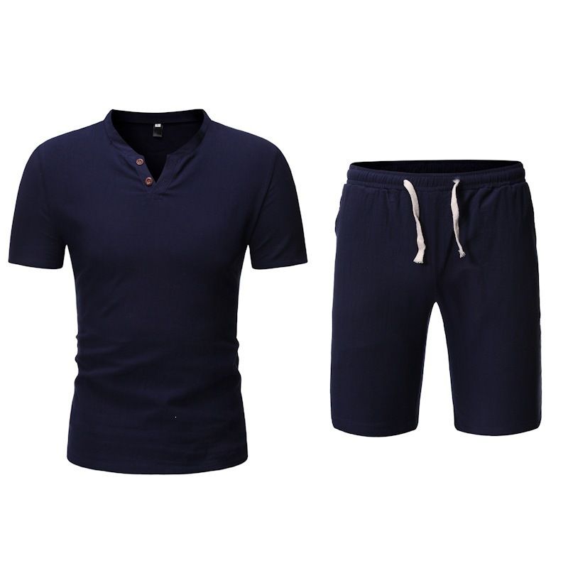 Summer New Style Men's Solid Color Two Piece Set Short Sleeve Beachwear Linen Suit With Shorts_viptrois.com