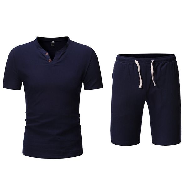 Summer New Style Men's Solid Color Two Piece Set Short Sleeve Beachwear Linen Suit With Shorts_viptrois.com