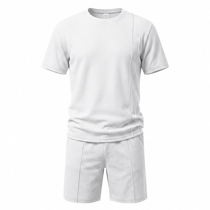 Men's Waffle Knit Short Sleeve T-Shirt & Shorts Set, Summer Casual Comfort Fit Loungewear, Breathable Polyester Two-Piece Outfit_viptrois.com