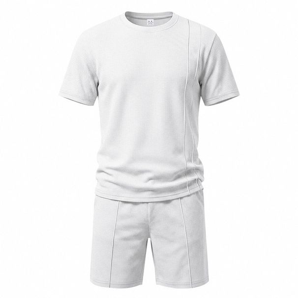 Men's Waffle Knit Short Sleeve T-Shirt & Shorts Set, Summer Casual Comfort Fit Loungewear, Breathable Polyester Two-Piece Outfit_viptrois.com
