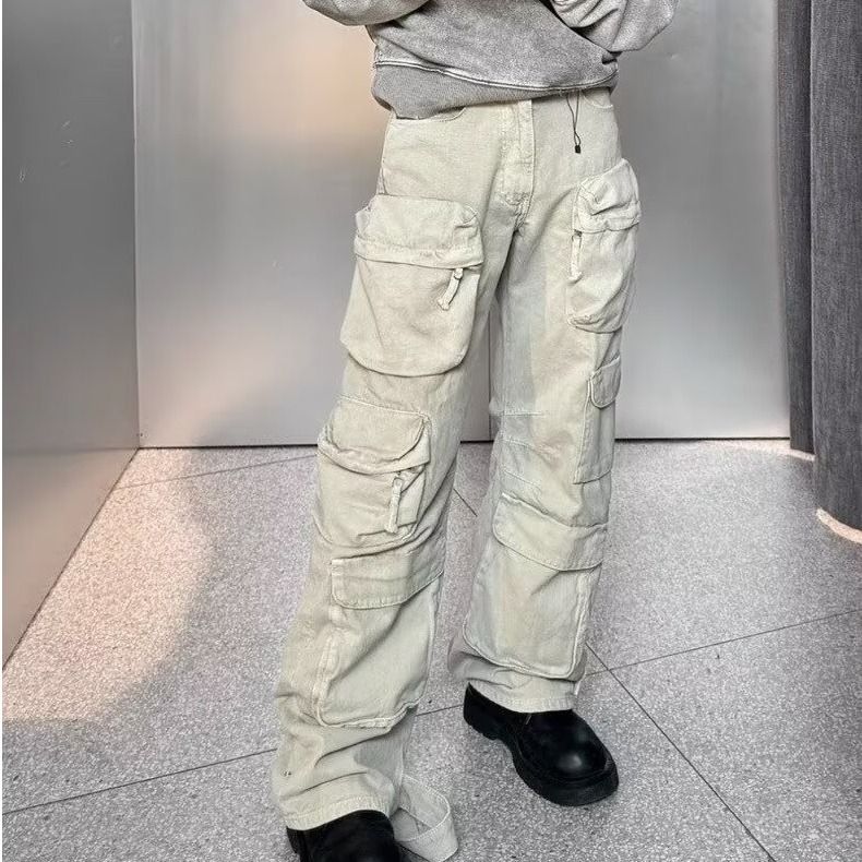 Men's Clothing Jeans Functional Multi Pocket Overalls Men's Trendy Brand Niche Washed Heavy Loose Wide Leg Casual_viptrois.com