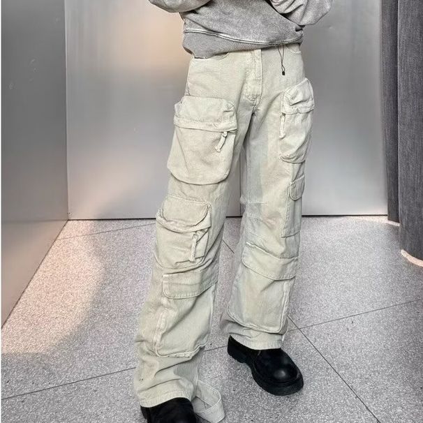 Men's Clothing Jeans Functional Multi Pocket Overalls Men's Trendy Brand Niche Washed Heavy Loose Wide Leg Casual_viptrois.com