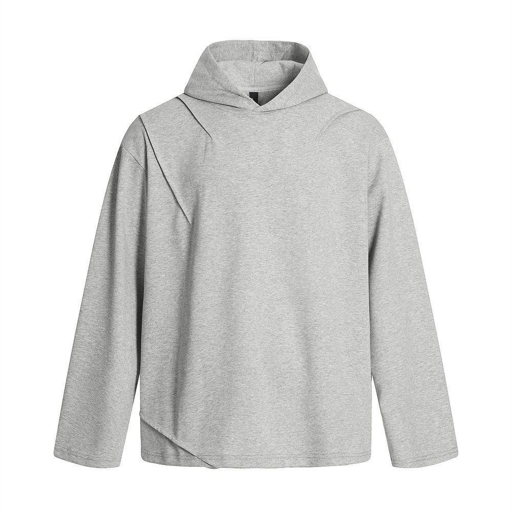 American Style Trendy Brand Design Hooded Sweatshirt Men's Vibe Street Pleated Cross Collar Solid Color Sports Hoodie_viptrois.com