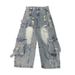 Post-Industrial Distressed Washed Workwear Jeans For Men With Design Sense, Heavy-Duty Split And Spliced Wide-Leg_viptrois.com