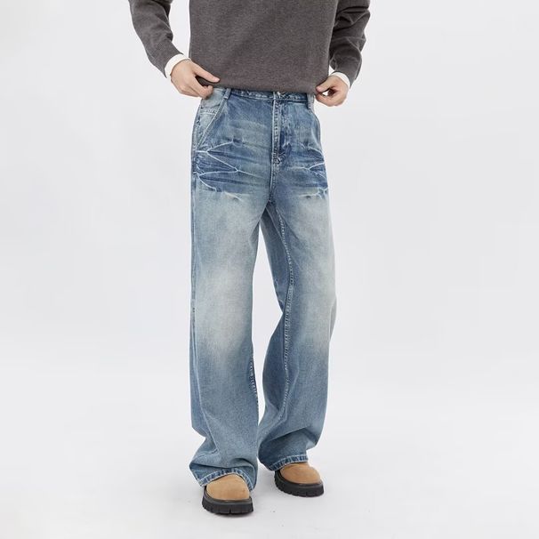 Men's Clothing Washed Straight Wide Leg Drape Trendy High Street Mopping Pants_viptrois.com