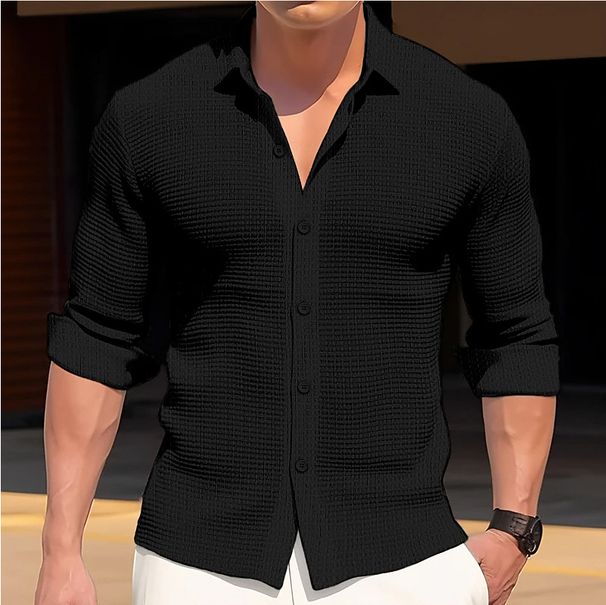 Men's Clothing Spring And Autumn New European And American Men's Large Size Solid Color Long Sleeved Shirts Waffle Casual Lapel Shirt Tops_viptrois.com