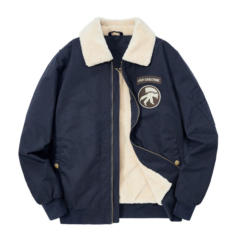 Men's Aviator Jacket Winter Coat With Fleece Lining, Shearling Collar Workwear Style Cotton Bomber Jacket For Casual Outwear (Khaki, Navy, Army Green)_viptrois.com