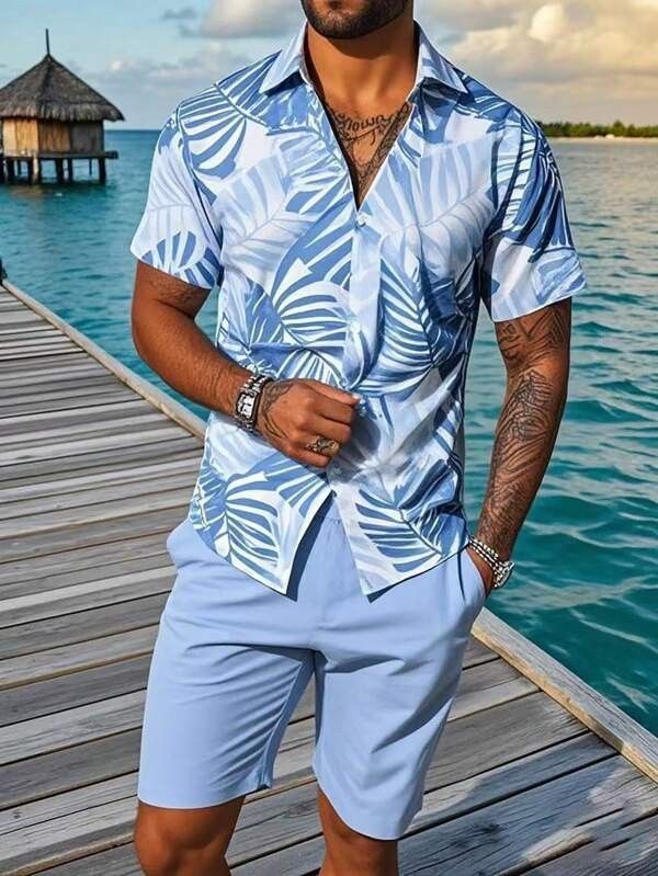 Men's Clothing Leisure Vacation Style Fashion Trend All Match Printed Shirt Suit_viptrois.com