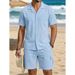 Men's Linen Cotton Short Sleeve Shirt And Shorts Set Casual Breathable Summer Outfit With Collar_viptrois.com