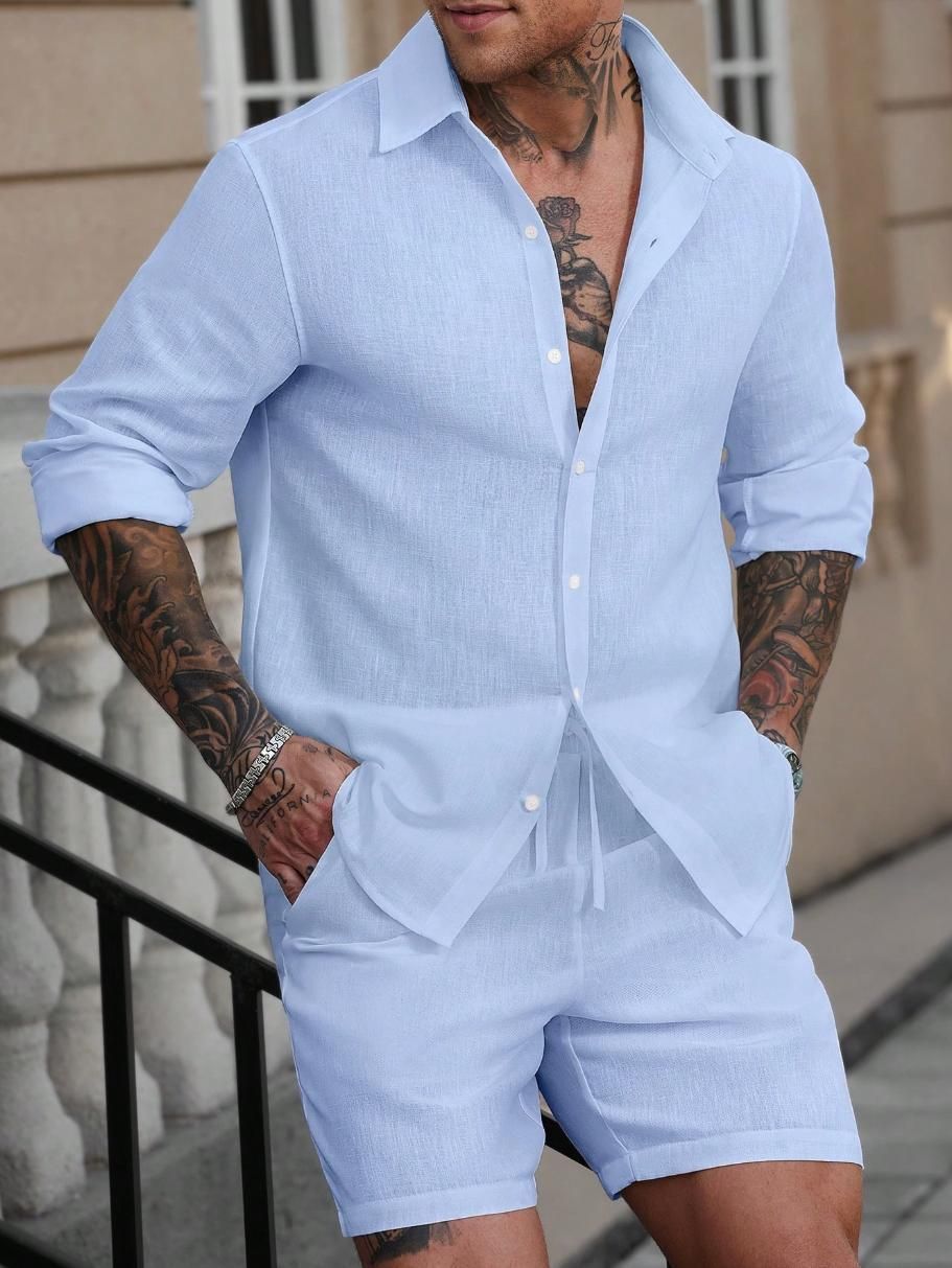 Men's Casual Loose Short Sleeved Shirt Shorts Men's Summer Suit_viptrois.com