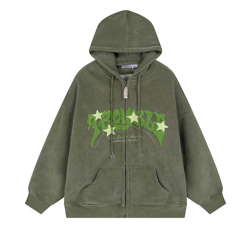 Original American Retro Letter Flocking Embroidered Star Hooded Cardigan Sweater Men's Trendy Brand Loose Hoodie Jacket_viptrois.com