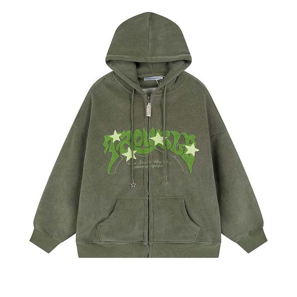 Original American Retro Letter Flocking Embroidered Star Hooded Cardigan Sweater Men's Trendy Brand Loose Hoodie Jacket_viptrois.com
