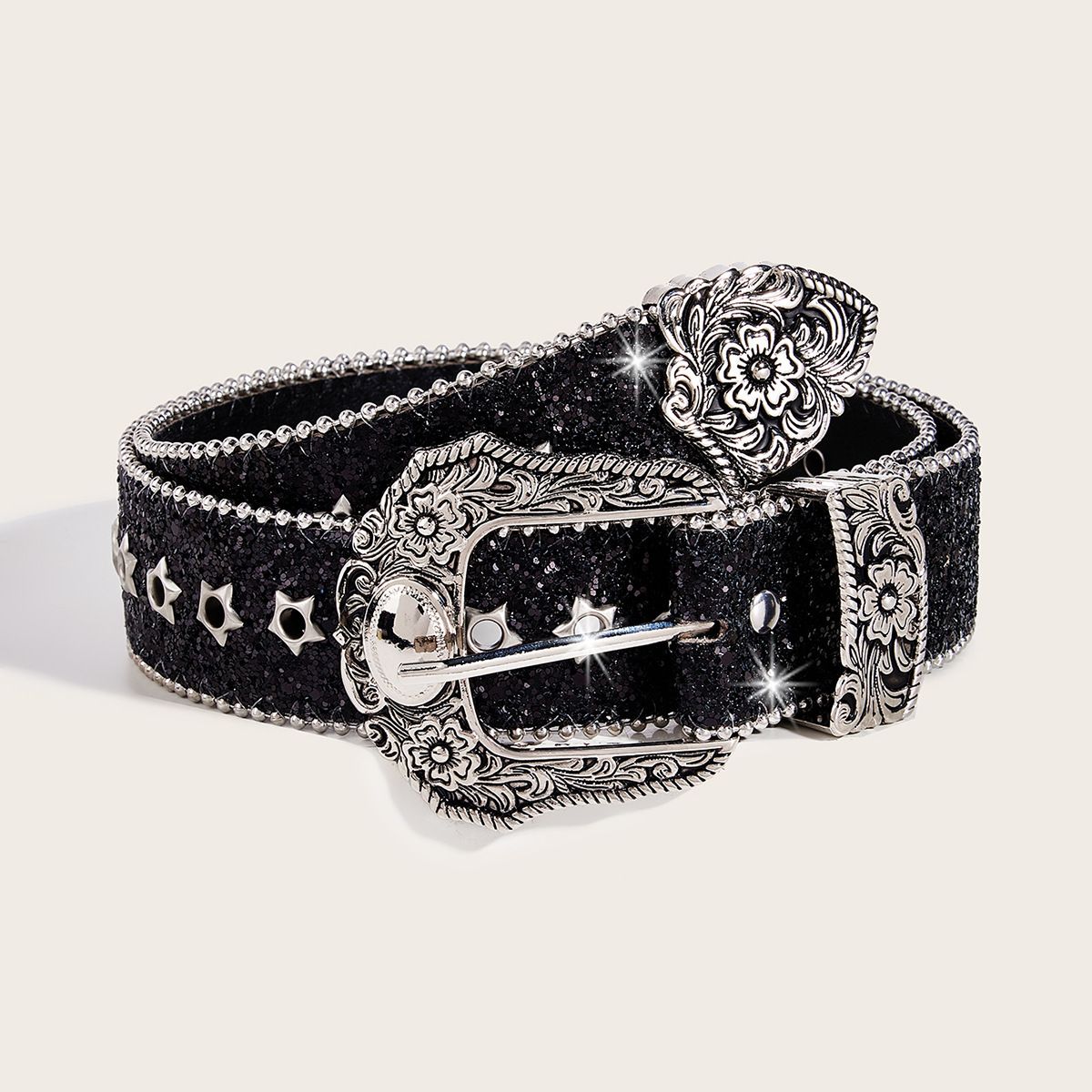 Women's Vintage Star Belt - Gothic Punk Waist Chain For Skirts & Pants | Y2K Retro Aesthetic With Rhinestone Decor (Black Unisex Strap)_viptrois.com