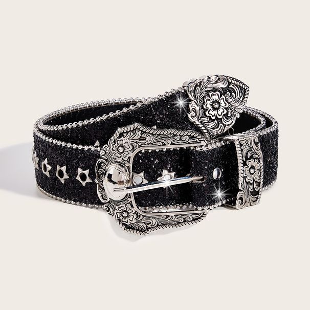 Women's Vintage Star Belt - Gothic Punk Waist Chain For Skirts & Pants | Y2K Retro Aesthetic With Rhinestone Decor (Black Unisex Strap)_viptrois.com