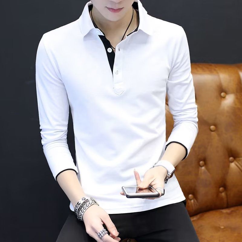 Men's Clothing Long Sleeved T Shirt Slim Polo Shirt Solid Color Business Casual Bottoming Shirt Top_viptrois.com